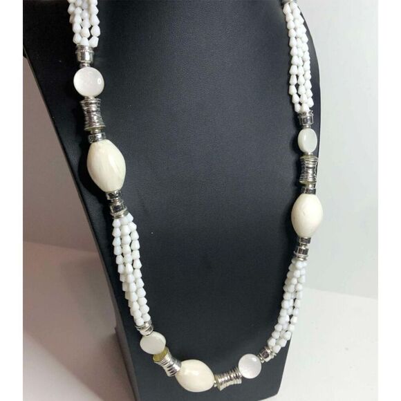 1228 CHICO'S silver tone beaded layered statement necklace WHITE 36-38" - Picture 1 of 3